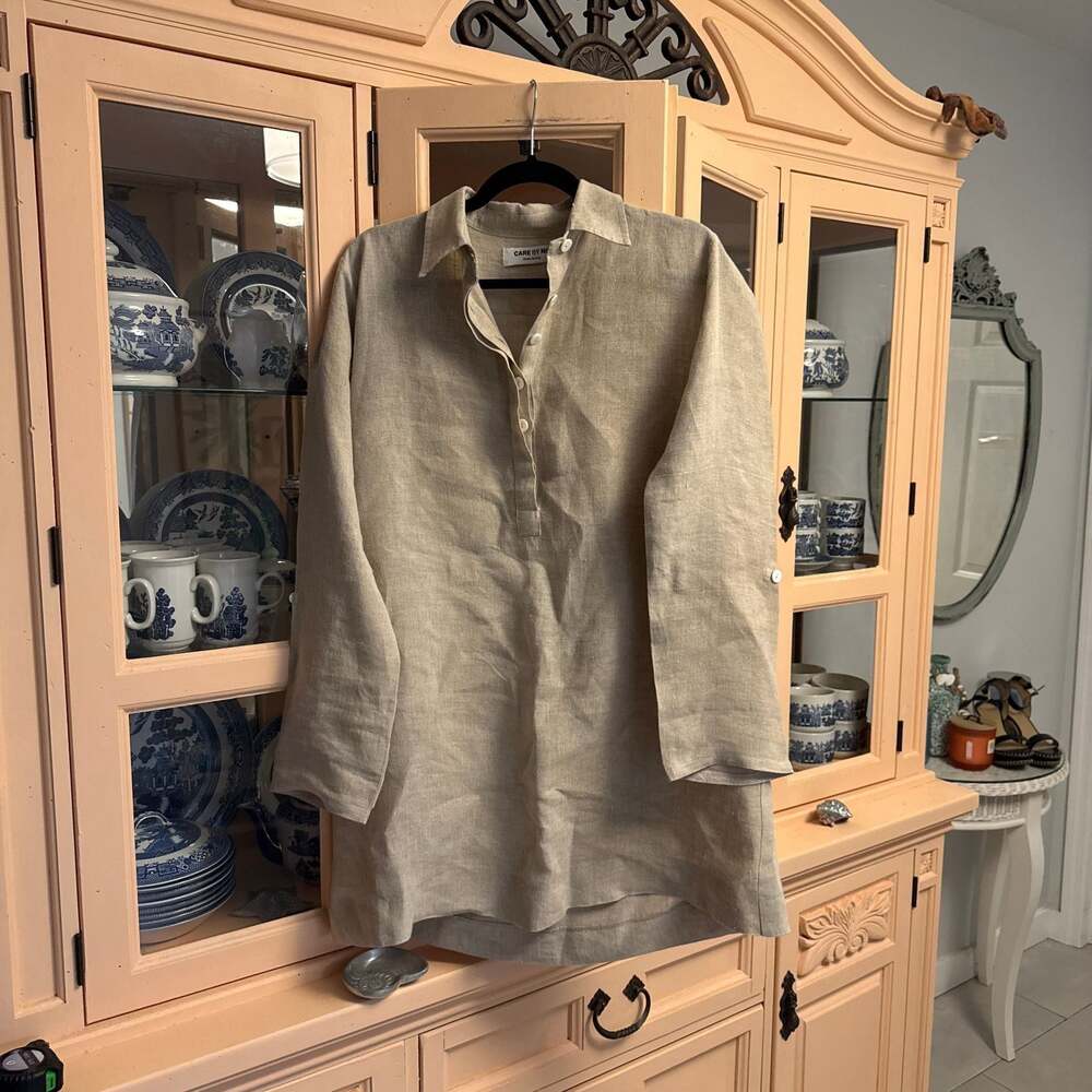 CARE BY ME 100% Linen Popover Tunic Dress in Natural Beige